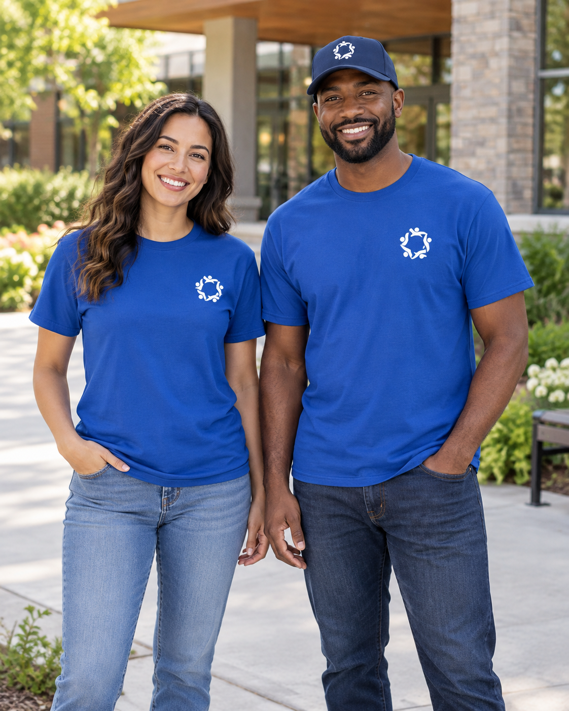 AI-generated mockup of two community coordinators wearing matching blue T-shirts and a branded cap.
