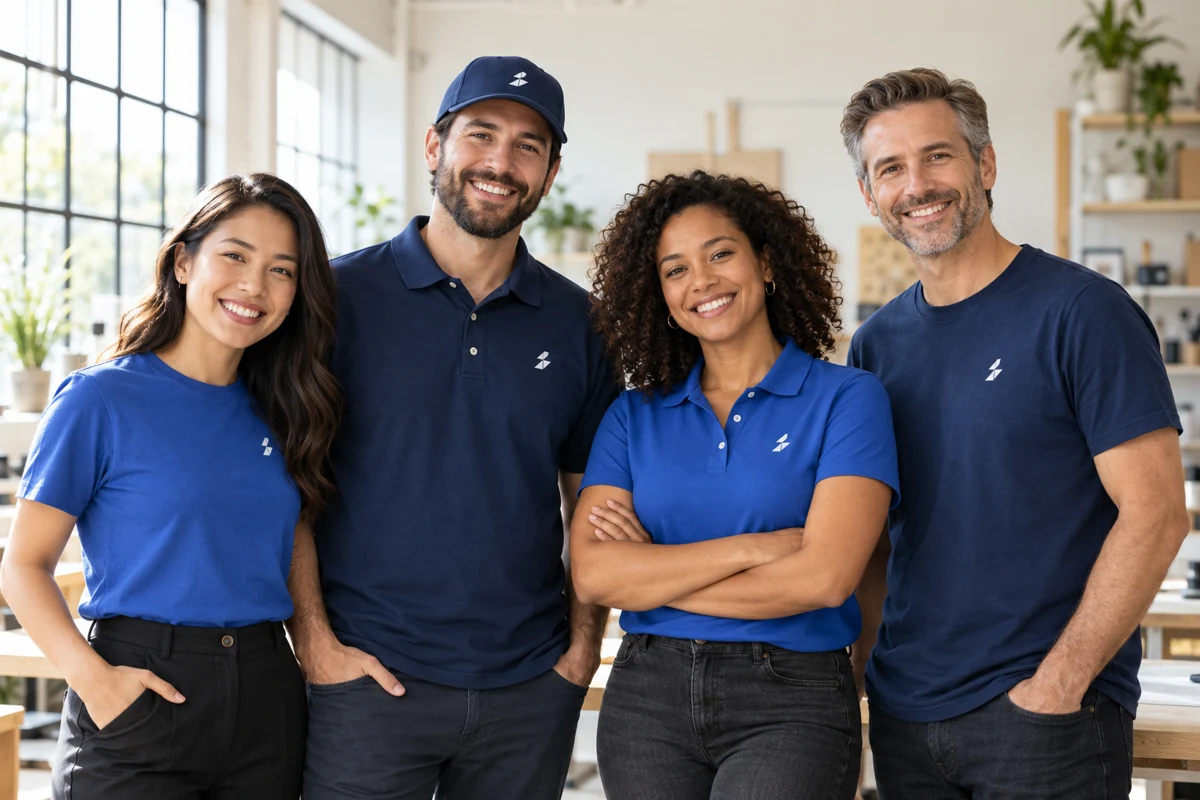 Illustrative team of coworkers wearing coordinated blue apparel